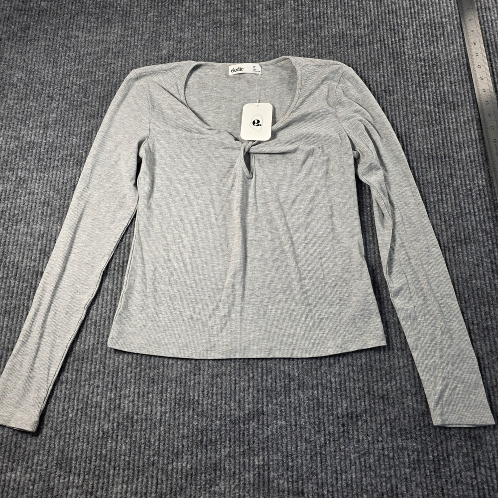 Elodie‎ Women Gray Ribbed Long Sleeve Twist Front Keyhole V-Neck Top Large NWT